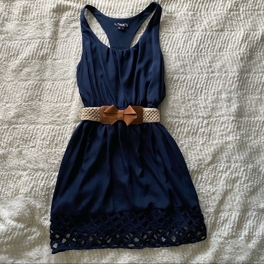 Blue casual dress with bow belt